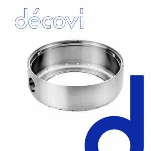 Un composant usiné métallique brillant, accompagné du nom de la marque Décovi dans une police moderne.